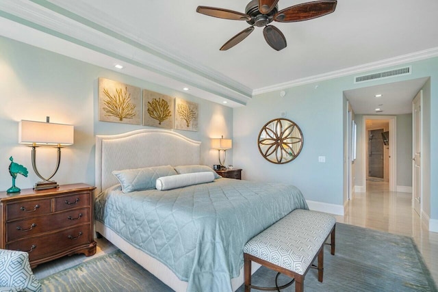 bedroom featuring ceiling fan and ornamental molding