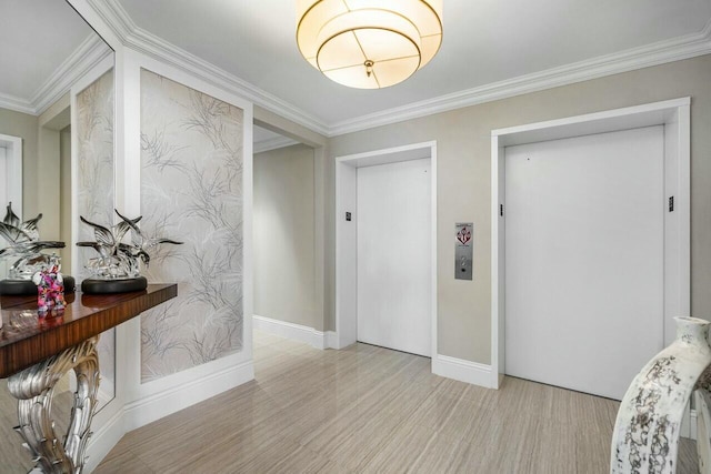 hallway featuring ornamental molding, light hardwood / wood-style floors, and elevator