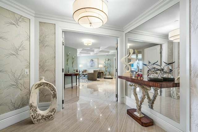 hallway with beam ceiling, crown molding, and coffered ceiling