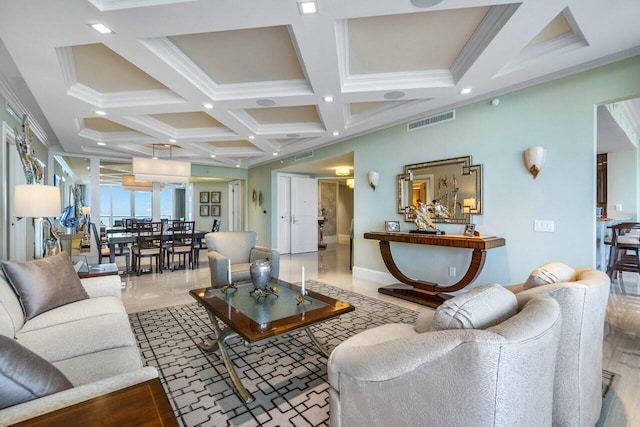 living room with crown molding, beamed ceiling, and coffered ceiling