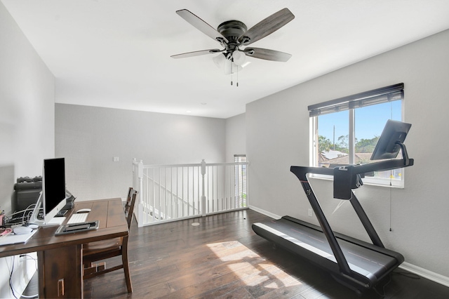 office area with ceiling fan and dark hardwood / wood-style floors