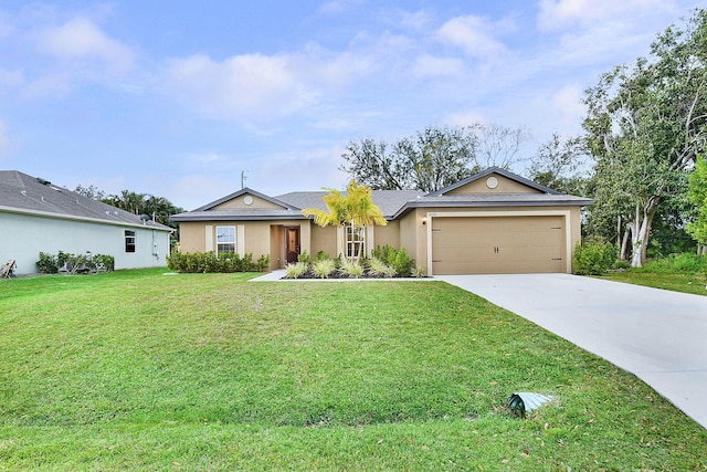 single story home featuring a front lawn and a garage