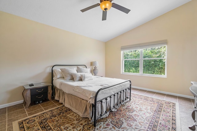 bedroom featuring ceiling fan and lofted ceiling