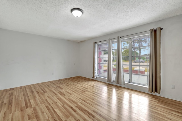 empty room with a textured ceiling and light hardwood / wood-style flooring