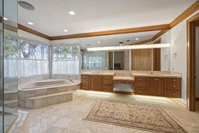 bathroom featuring crown molding, vanity, and tiled bath