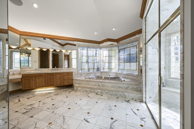 bathroom with independent shower and bath, vaulted ceiling, and vanity