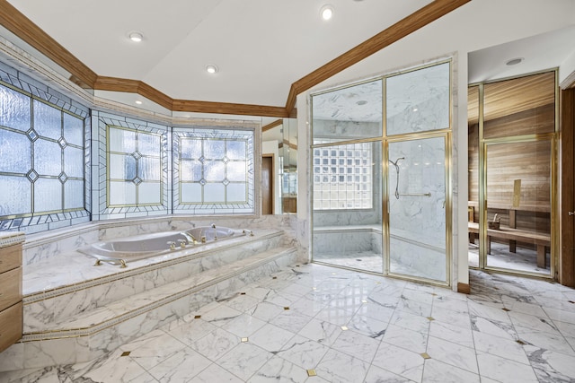 bathroom with ornamental molding, lofted ceiling, and shower with separate bathtub