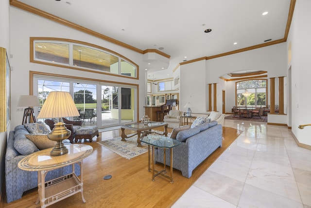 living room with crown molding, a towering ceiling, and plenty of natural light