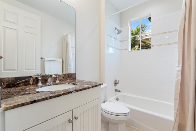 full bathroom featuring toilet, shower / bathtub combination with curtain, and vanity