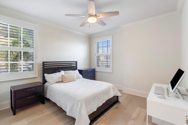 bedroom with light wood-type flooring, ceiling fan, and crown molding