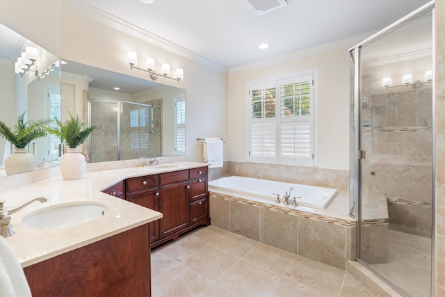 bathroom featuring vanity, tile patterned floors, ornamental molding, and shower with separate bathtub