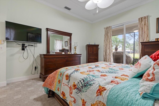 bedroom featuring ceiling fan, light colored carpet, access to exterior, and ornamental molding