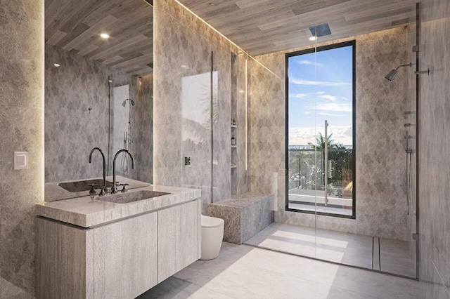 bathroom featuring wooden ceiling, toilet, and vanity