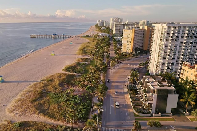 birds eye view of property featuring a water view and a view of the beach