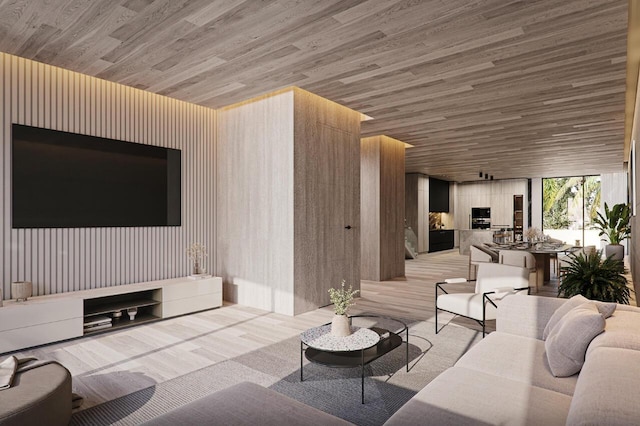 living room featuring wooden ceiling