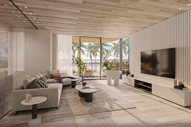 living room featuring wooden ceiling, light hardwood / wood-style flooring, and expansive windows