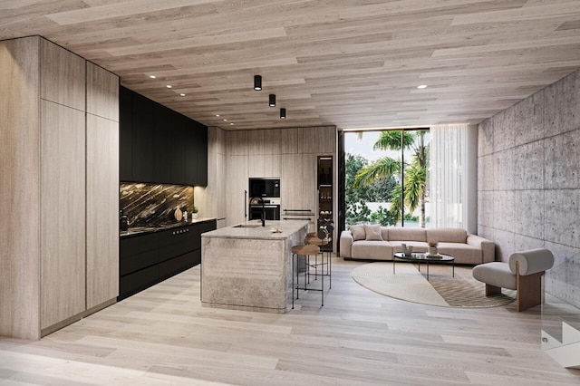 interior space featuring a wall of windows, wood ceiling, and light wood-type flooring