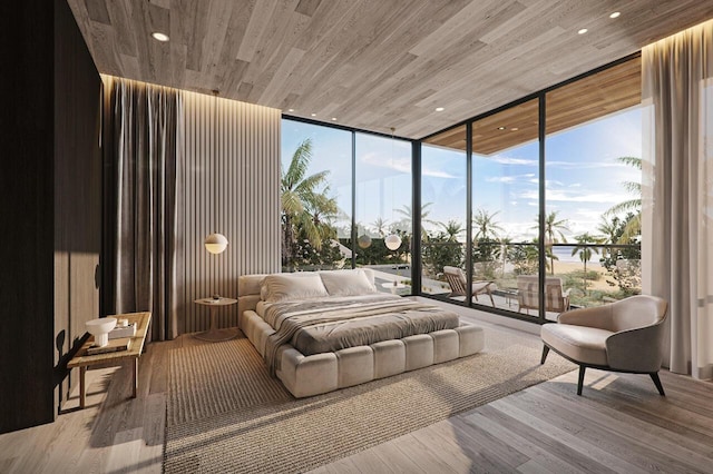 bedroom featuring floor to ceiling windows, wooden ceiling, and light hardwood / wood-style floors