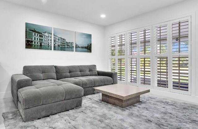 living room with a wealth of natural light and concrete floors