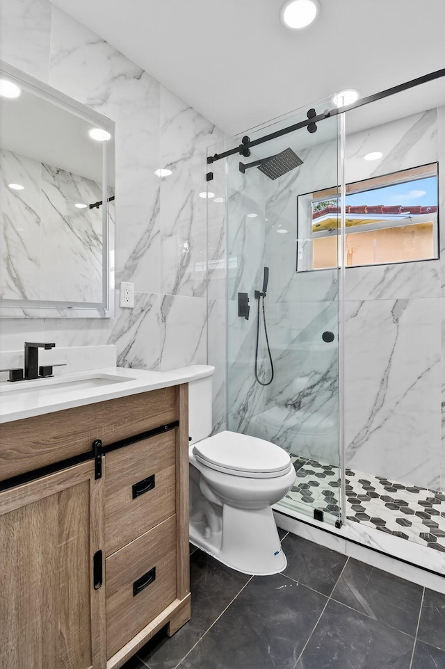 2112 N 14th Ter, Hollywood, FL 33020 - full bathroom featuring vanity, a marble finish shower, and tile walls