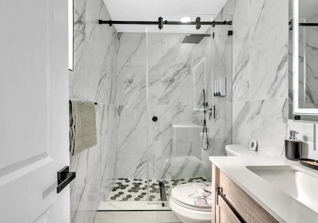 bathroom featuring toilet, vanity, tile walls, and an enclosed shower