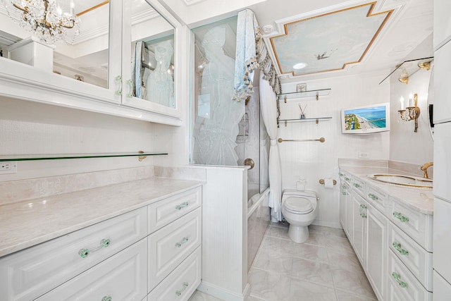 full bathroom with shower / tub combination, vanity, toilet, and tile patterned flooring