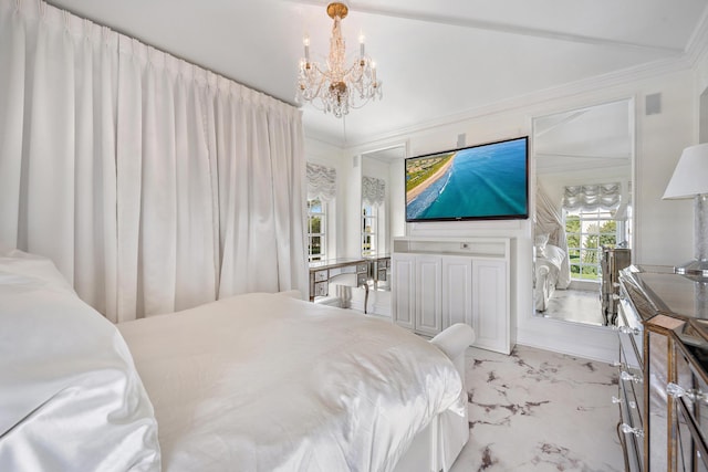 bedroom featuring an inviting chandelier and crown molding