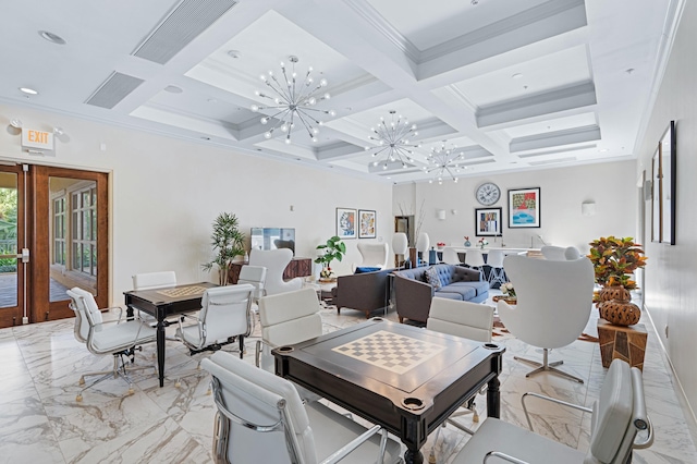 dining space with coffered ceiling, ornamental molding, french doors, a chandelier, and beam ceiling