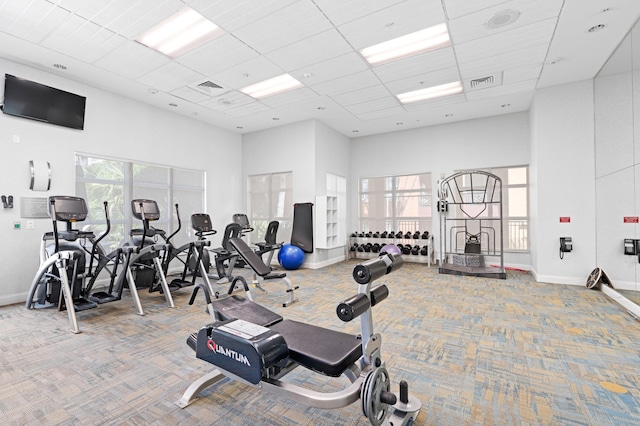 gym with carpet and a towering ceiling