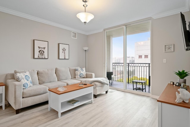 living room featuring expansive windows, crown molding, and light hardwood / wood-style flooring