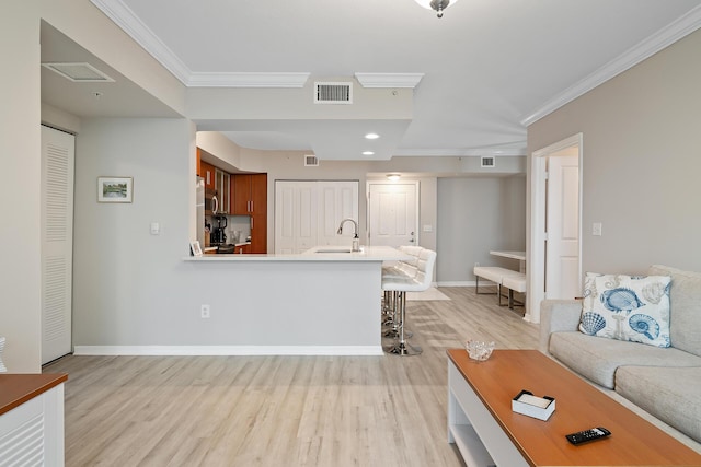 living room with light hardwood / wood-style floors, sink, and ornamental molding