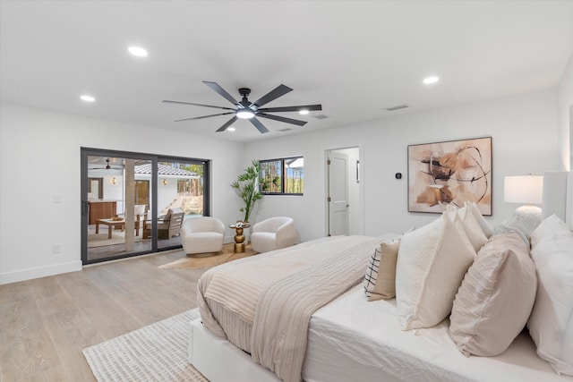 bedroom with ceiling fan, access to exterior, and light hardwood / wood-style floors