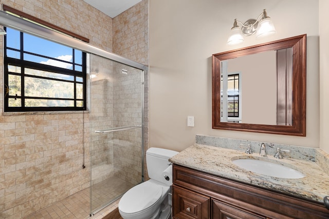 bathroom featuring an enclosed shower, vanity, and toilet