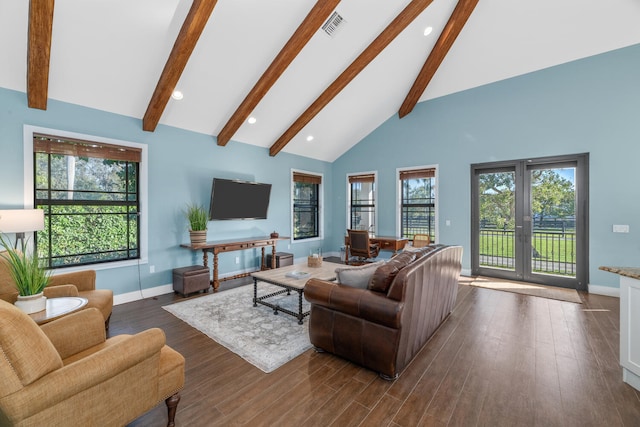 living room with beamed ceiling, dark wood-type flooring, high vaulted ceiling, and french doors