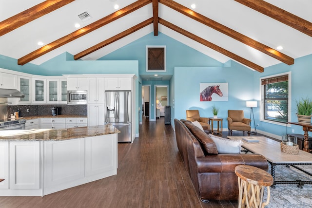 kitchen with appliances with stainless steel finishes, tasteful backsplash, white cabinetry, dark stone counters, and dark wood-type flooring