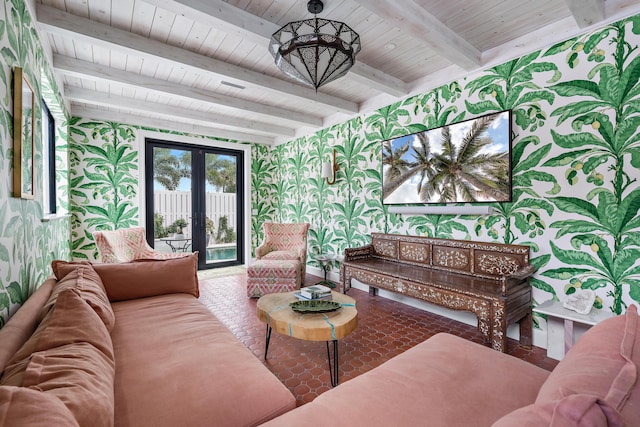 living room featuring french doors, wood ceiling, and beam ceiling