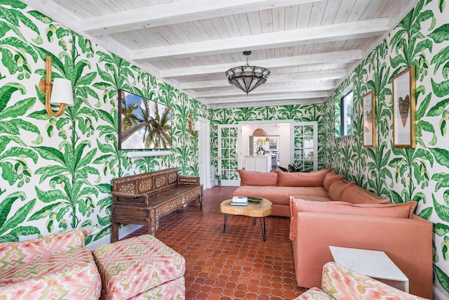 living room featuring wooden ceiling and beamed ceiling