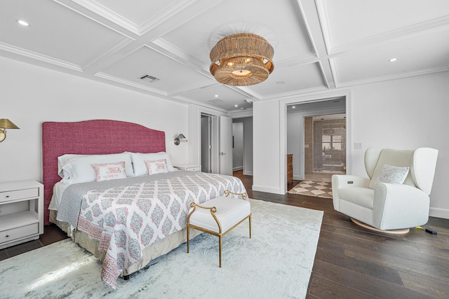 bedroom featuring dark wood-type flooring, coffered ceiling, and crown molding