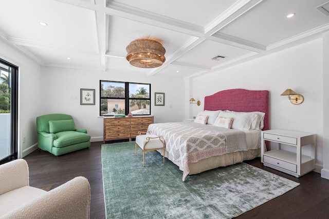 bedroom with coffered ceiling, ornamental molding, dark hardwood / wood-style floors, and beamed ceiling