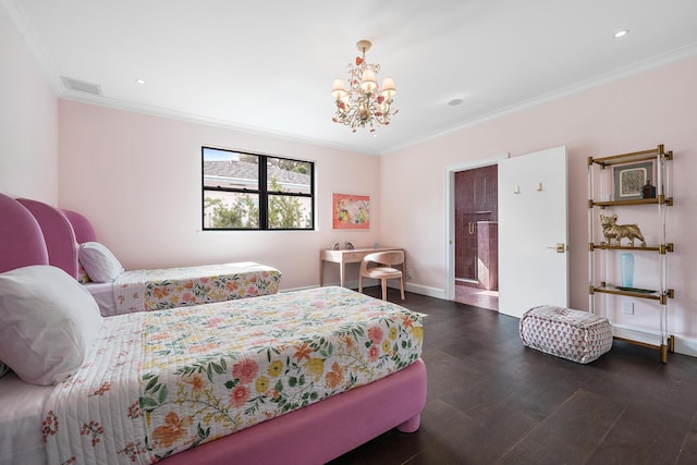 bedroom featuring dark hardwood / wood-style flooring, ornamental molding, and an inviting chandelier