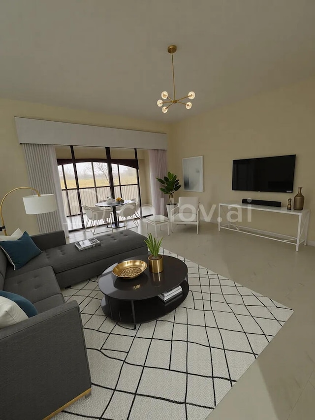 living room featuring an inviting chandelier