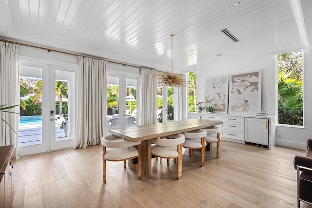 sunroom featuring french doors and wooden ceiling