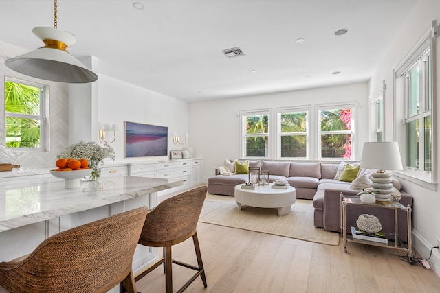 living room with a wealth of natural light and light wood-type flooring