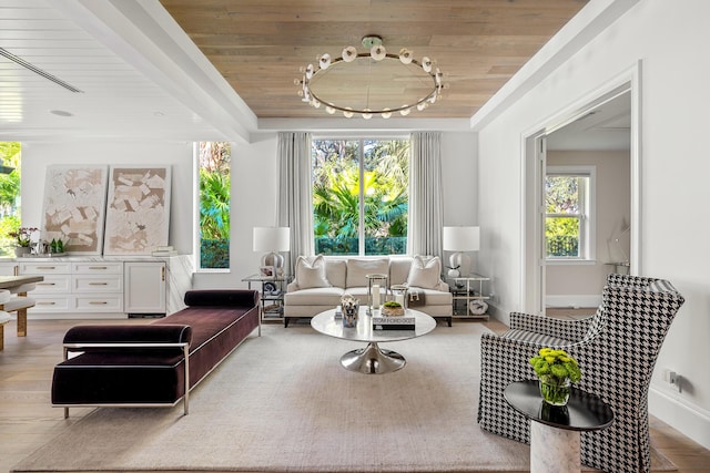 living area with wood ceiling and light wood-type flooring