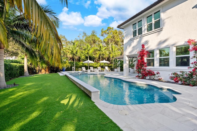 view of swimming pool with a lawn and a patio area