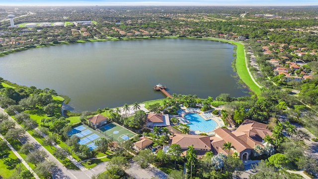 birds eye view of property featuring a water view