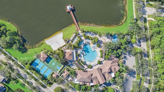 birds eye view of property featuring a water view