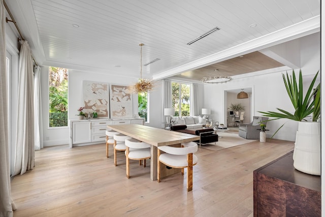 dining room with wood ceiling and light hardwood / wood-style flooring