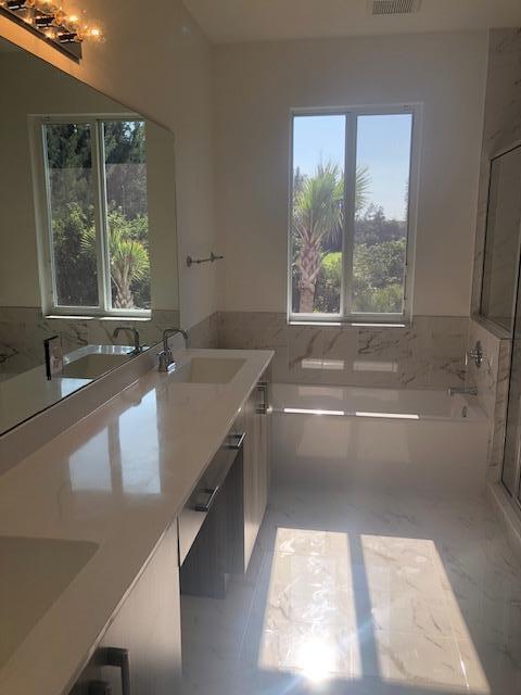 bathroom with vanity and a bathtub