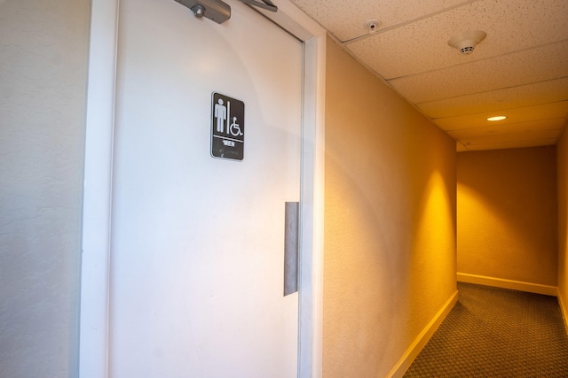 hallway with carpet floors and a paneled ceiling